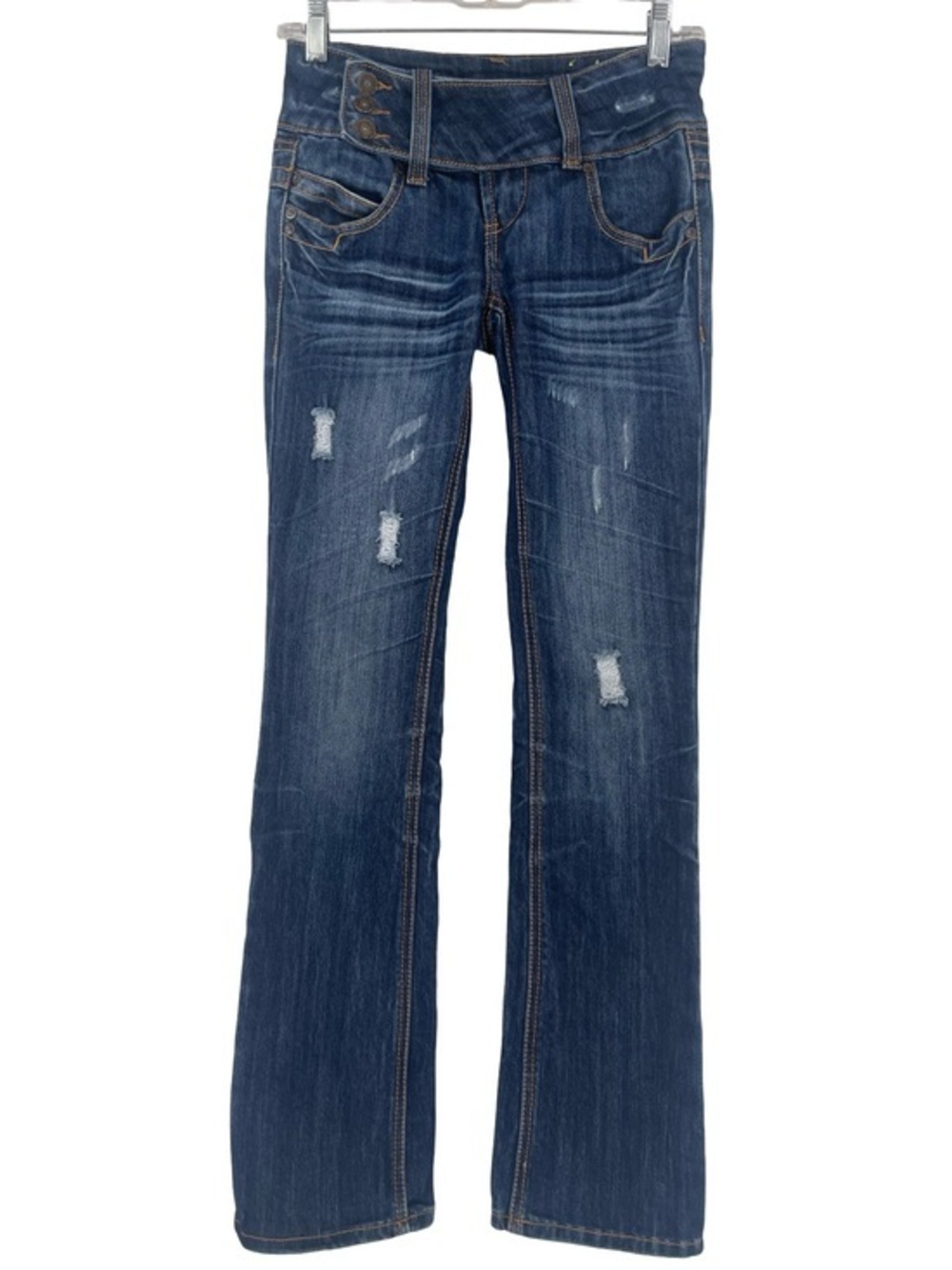 Y2K Almost Famous Dark Blue Distressed Flare Jeans low rise size 1